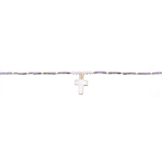 16" Lavender Beaded Necklace with Shell Cross, 3" Ext