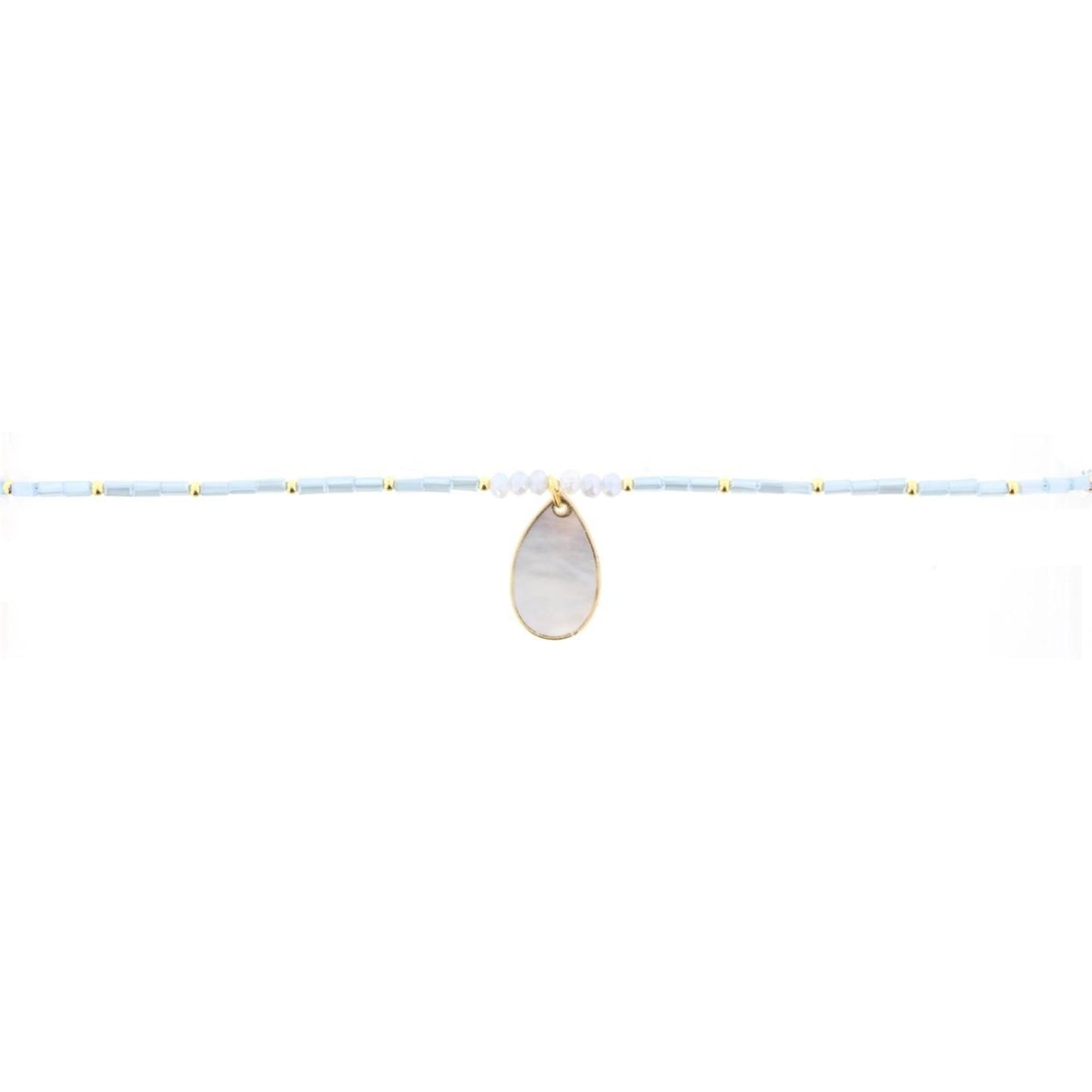 16" Light Blue Beaded Necklace with Shell Teardrop, 3" Ext