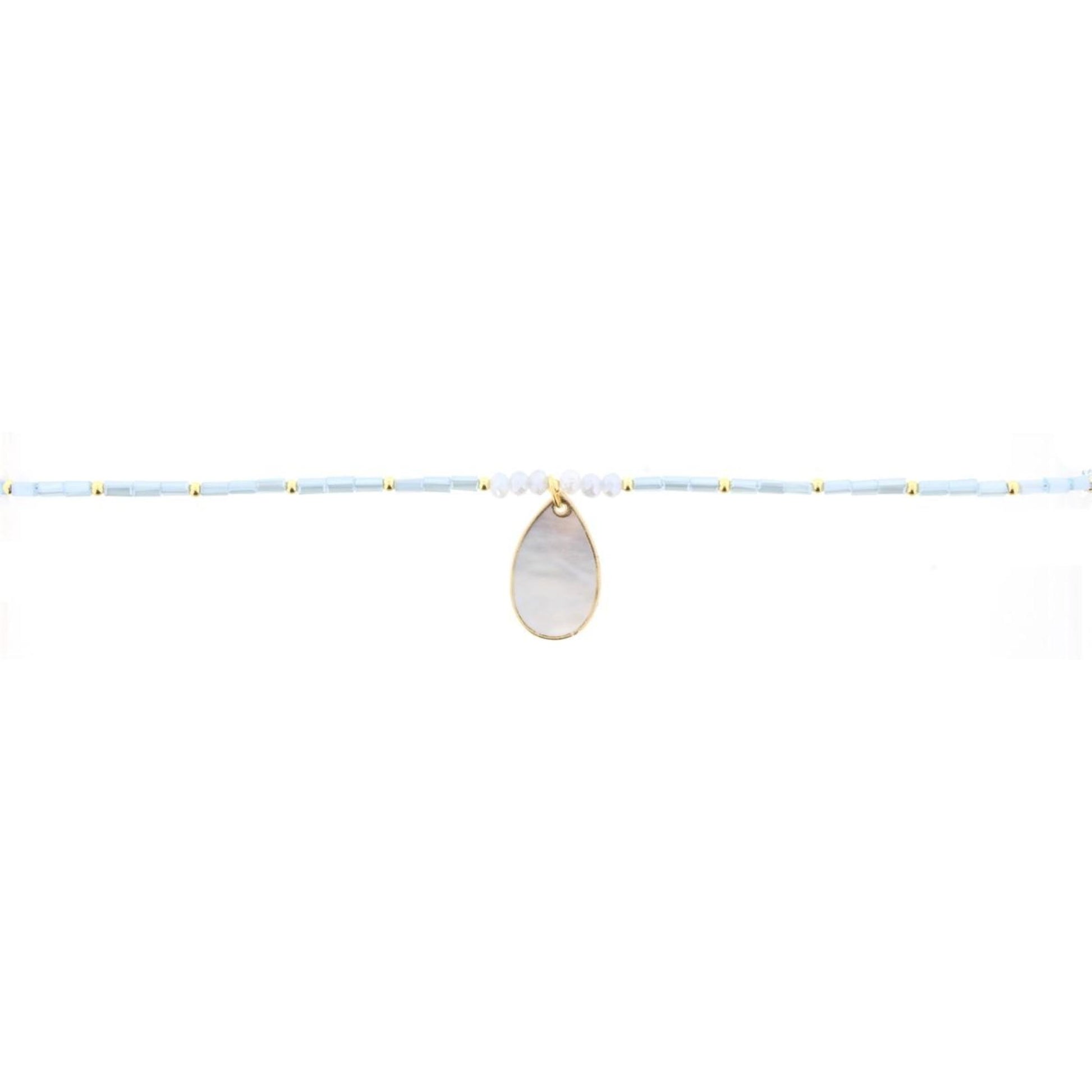 16" Light Blue Beaded Necklace with Shell Teardrop, 3" Ext