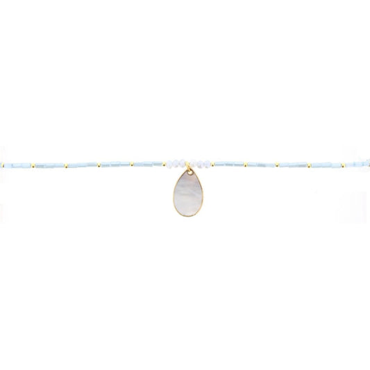 16" Light Blue Beaded Necklace with Shell Teardrop, 3" Ext
