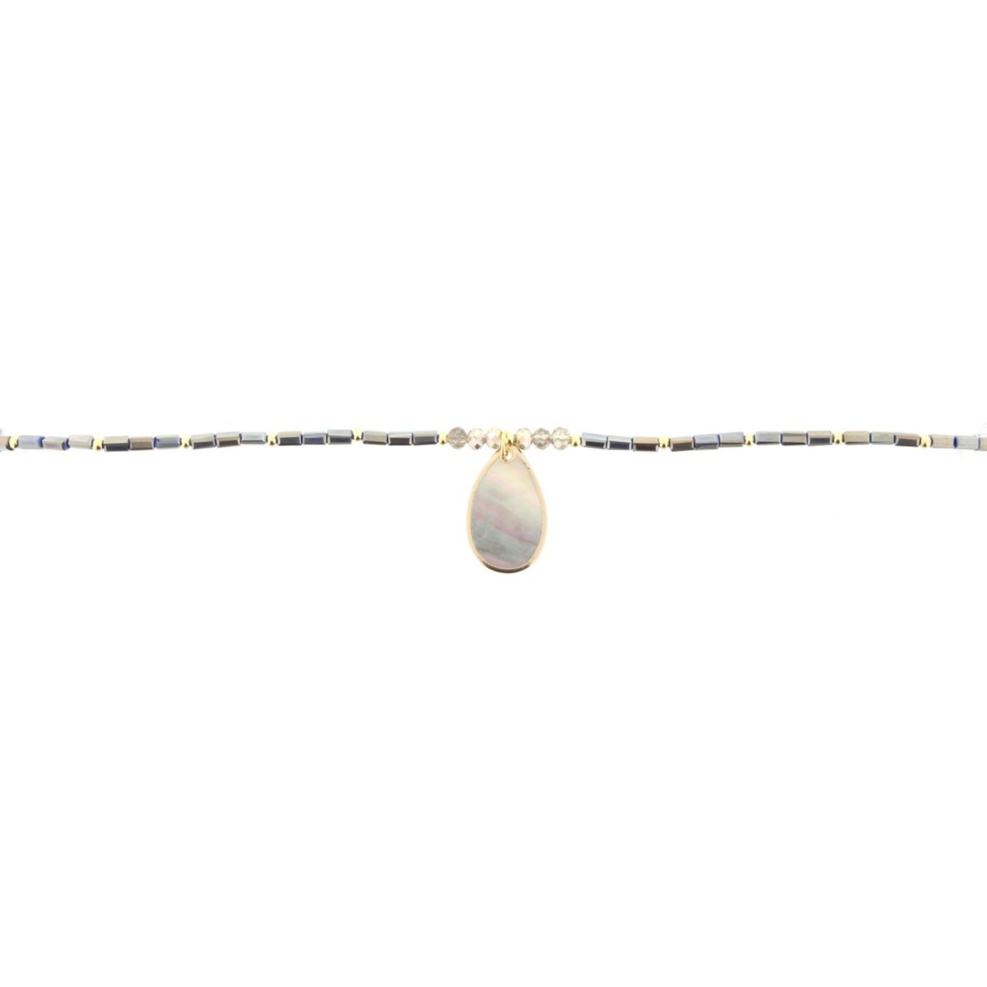 16" Dark Metallic Grey Beaded Necklace with Shell Teardrop, 3" Ext
