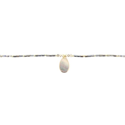 16" Dark Metallic Grey Beaded Necklace with Shell Teardrop, 3" Ext