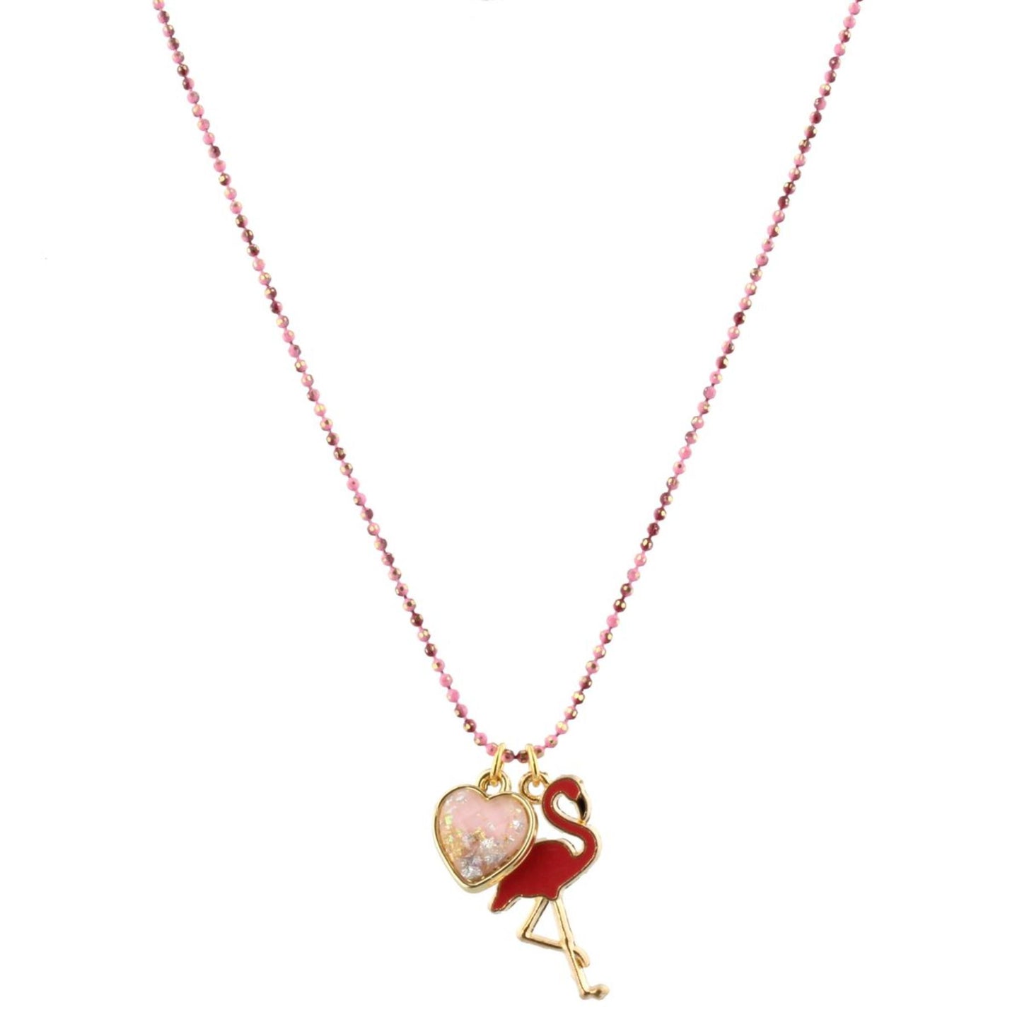 16" Kids Colored Pink Chain Necklace with Pink Glitter Resin & Flamingo Charms, 3" Ext
