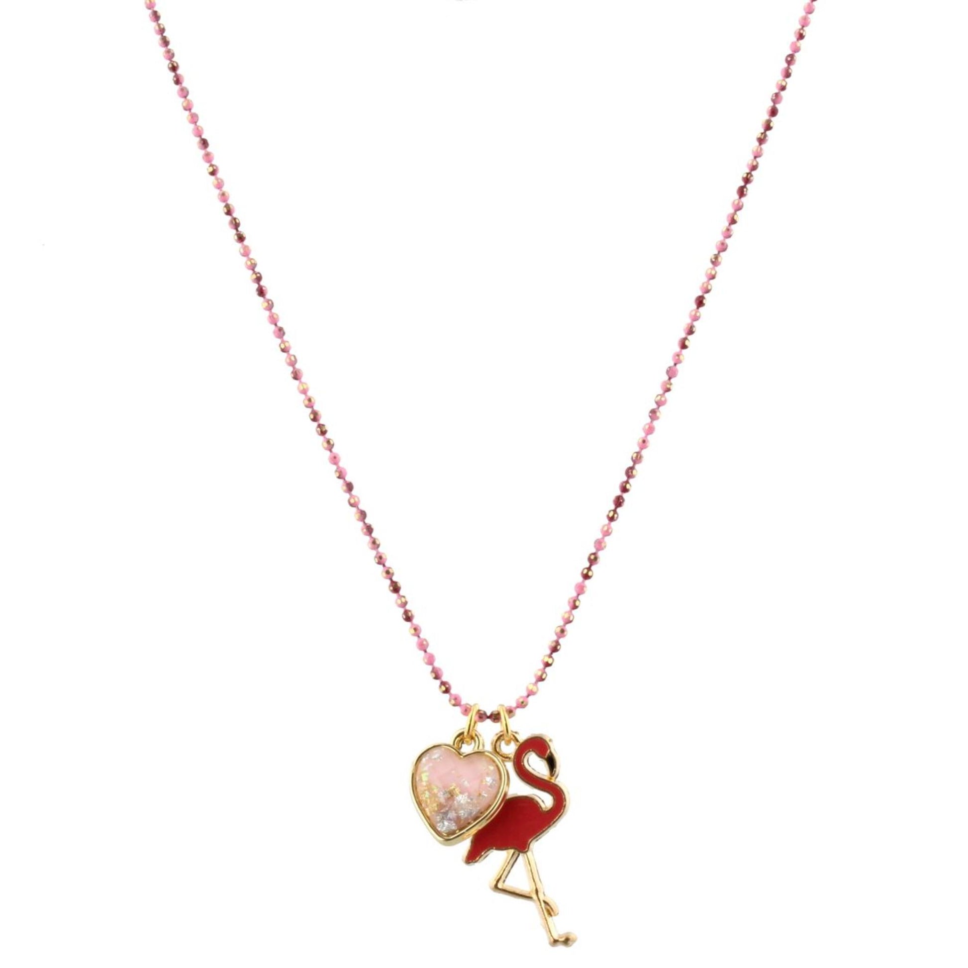 16" Kids Colored Pink Chain Necklace with Pink Glitter Resin & Flamingo Charms, 3" Ext