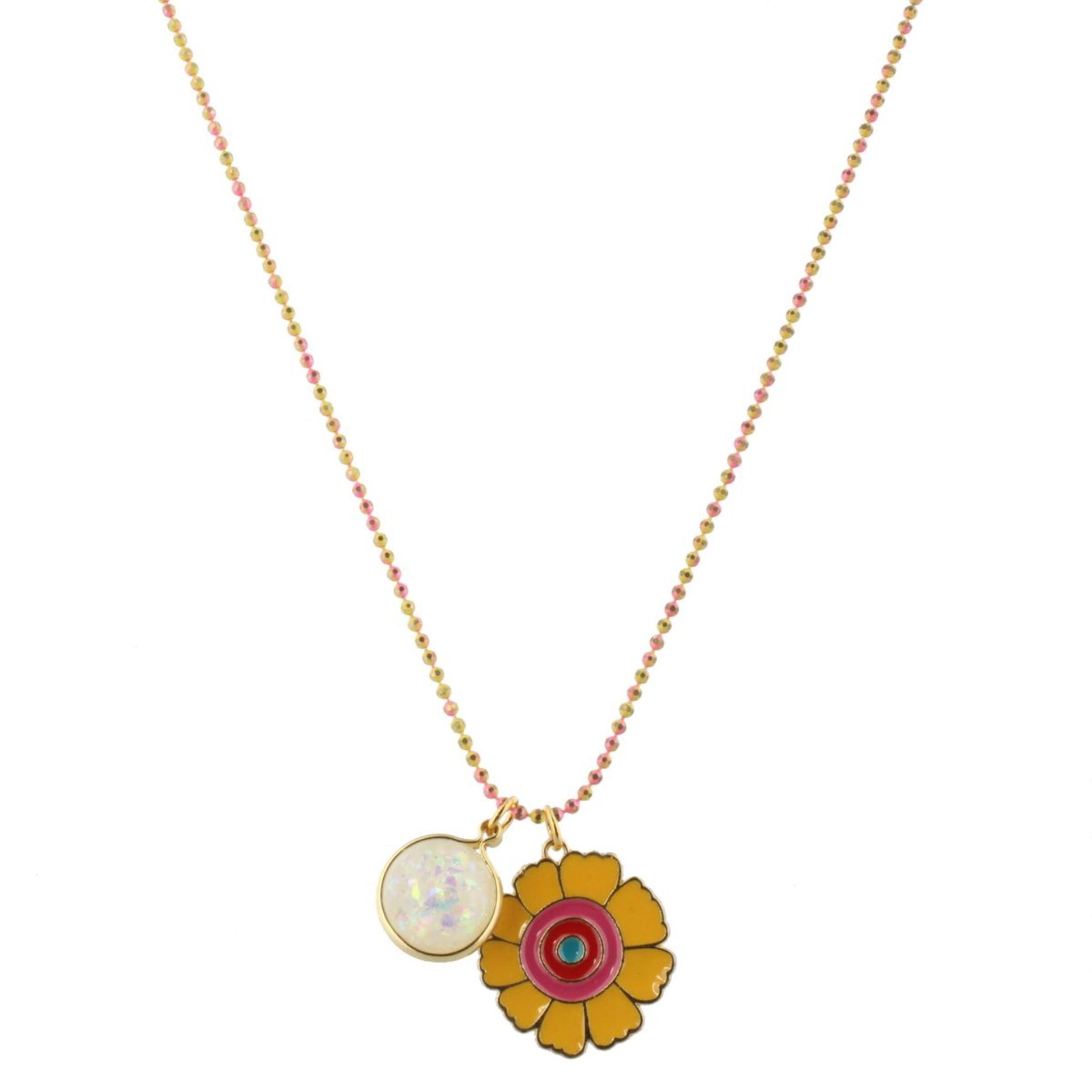 16" Kids Colored Pink/Yellow Chain Necklace with White Glitter Resin & Flower Charms, 3" Ext