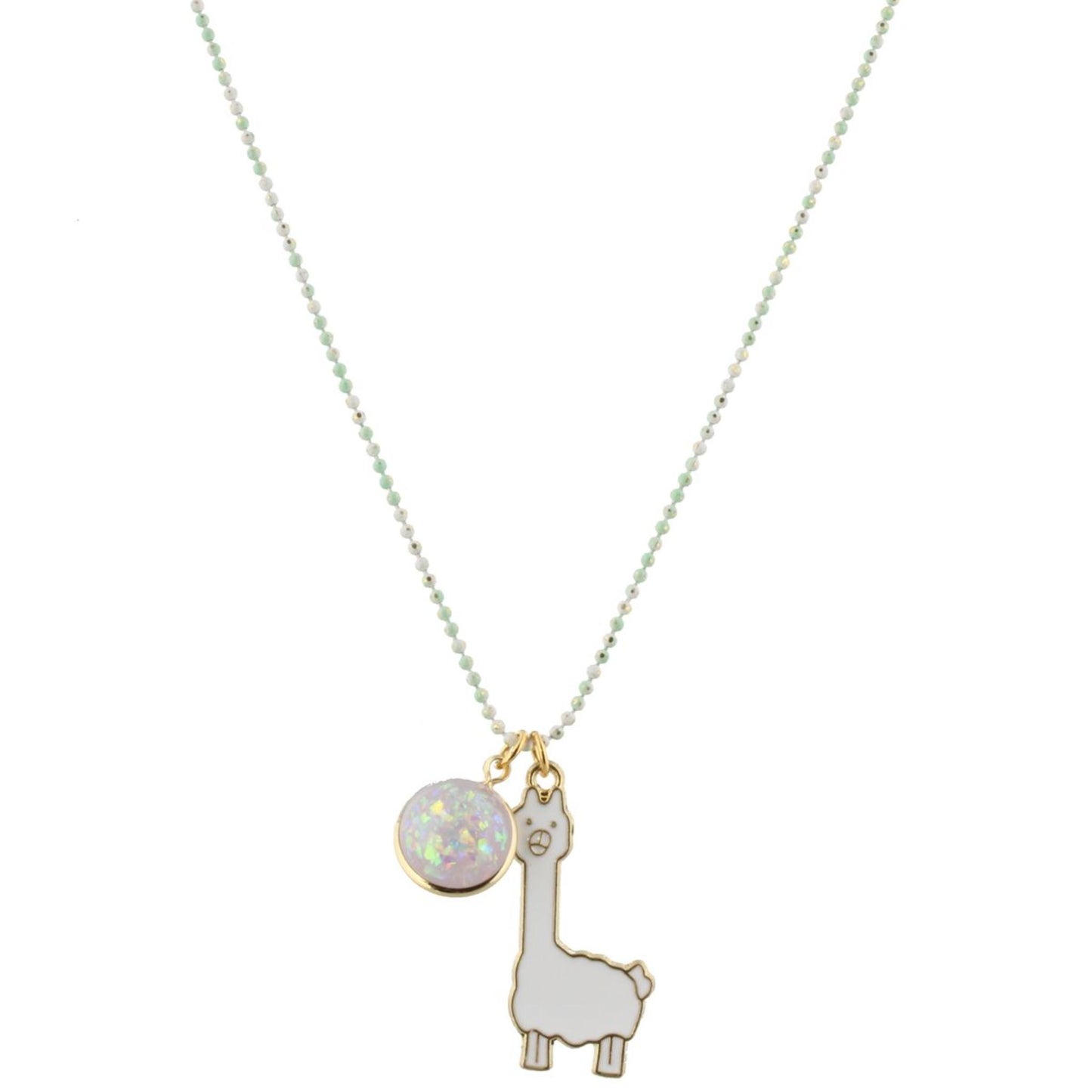 16" Kids Colored Mint/White Chain Necklace with Purple Glitter Resin & Llama Charms, 3" Ext