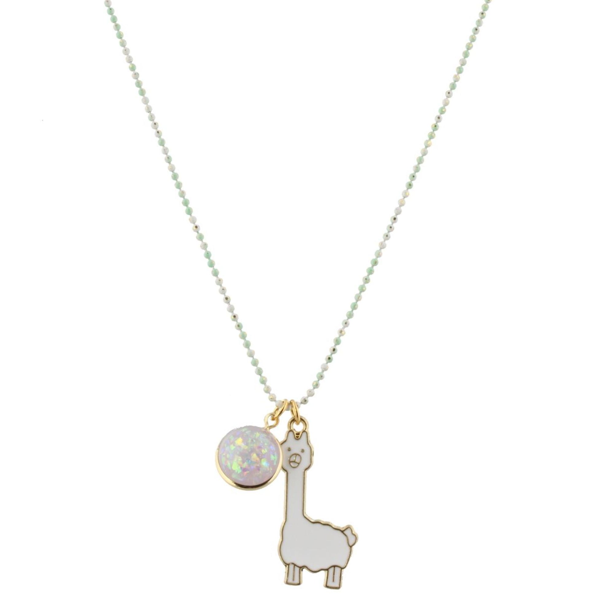 16" Kids Colored Mint/White Chain Necklace with Purple Glitter Resin & Llama Charms, 3" Ext