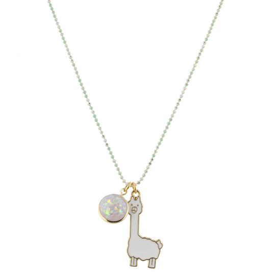 16" Kids Colored Mint/White Chain Necklace with Purple Glitter Resin & Llama Charms, 3" Ext