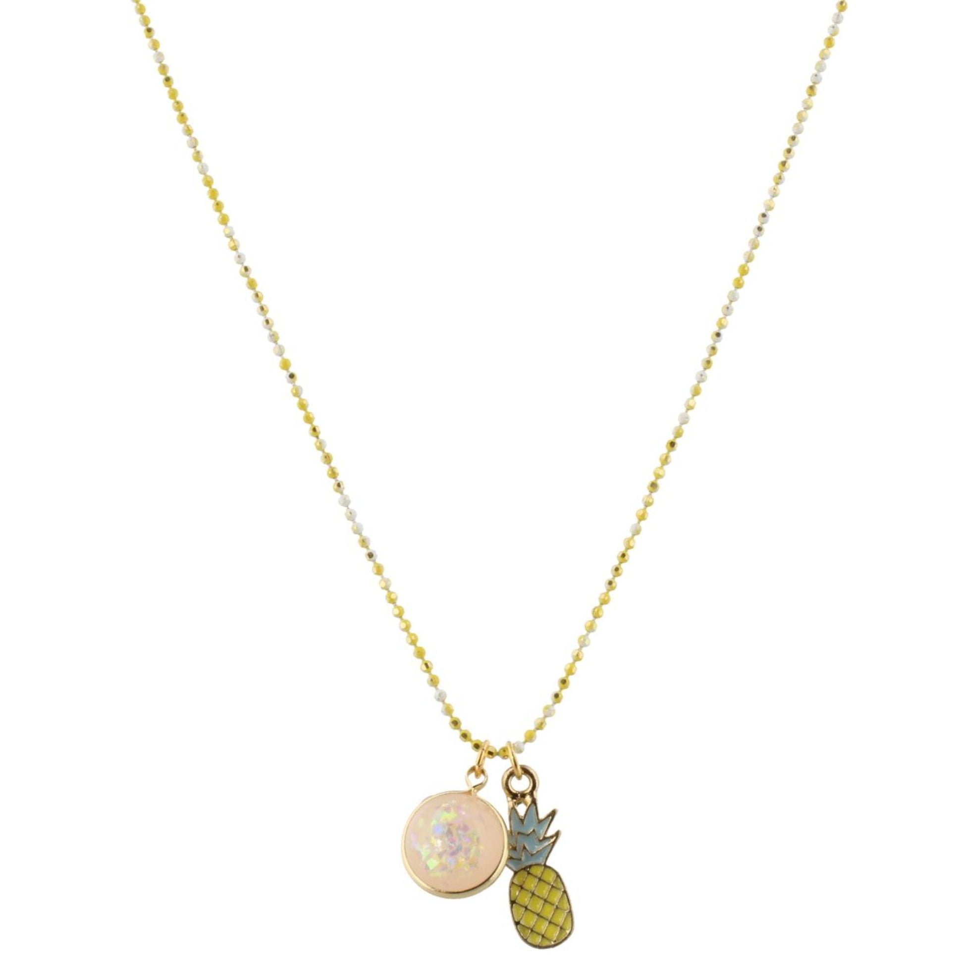 16" Kids Colored Yellow/White Chain Necklace with Peach Glitter Resin & Pineapple Charms, 3" Ext
