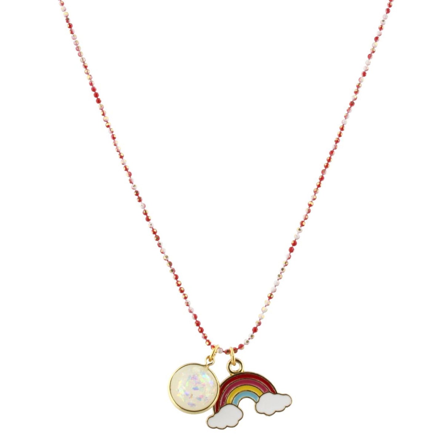 16" Kids Colored Red/White Chain Necklace with White Glitter Resin & Rainbow Charms, 3" Ext