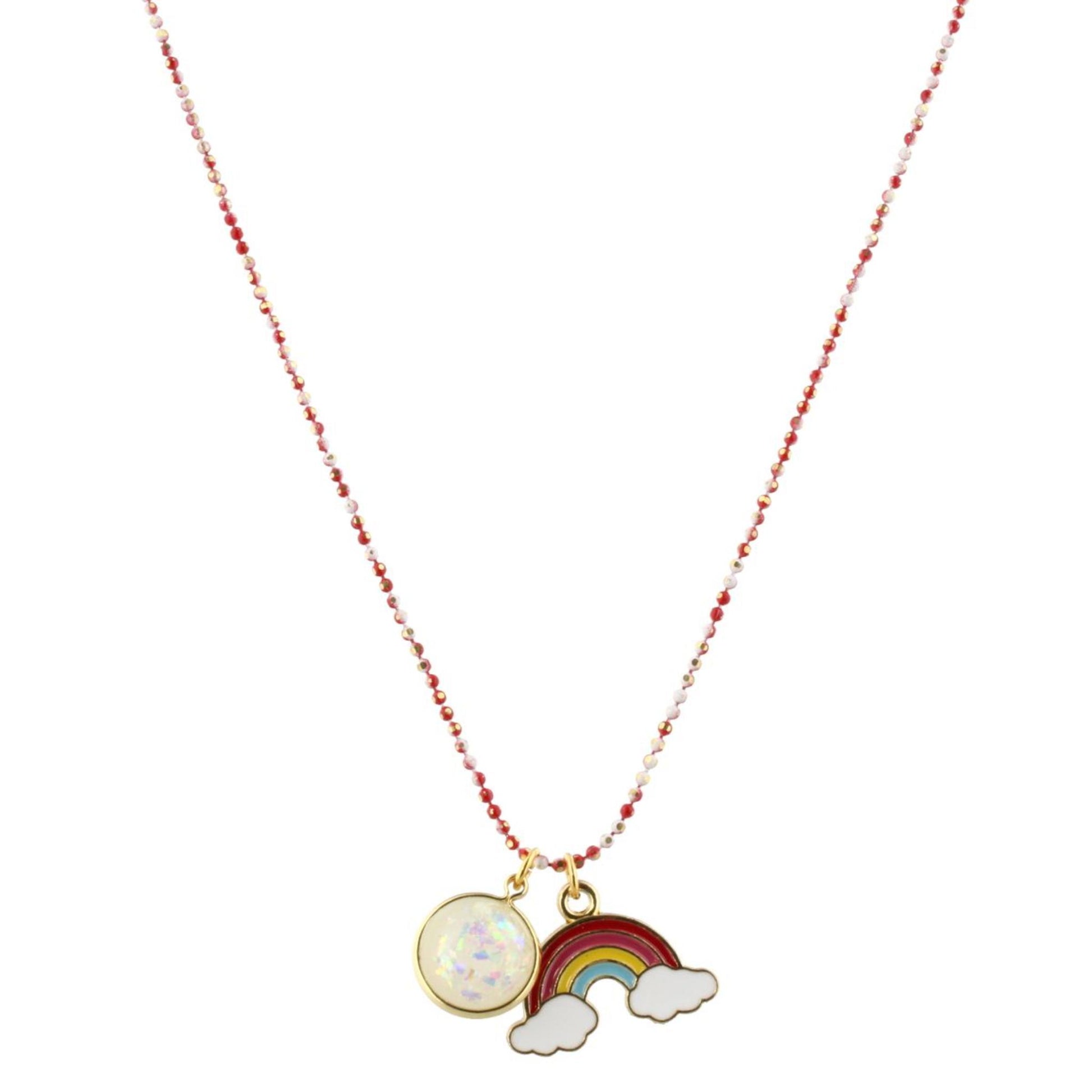 16" Kids Colored Red/White Chain Necklace with White Glitter Resin & Rainbow Charms, 3" Ext
