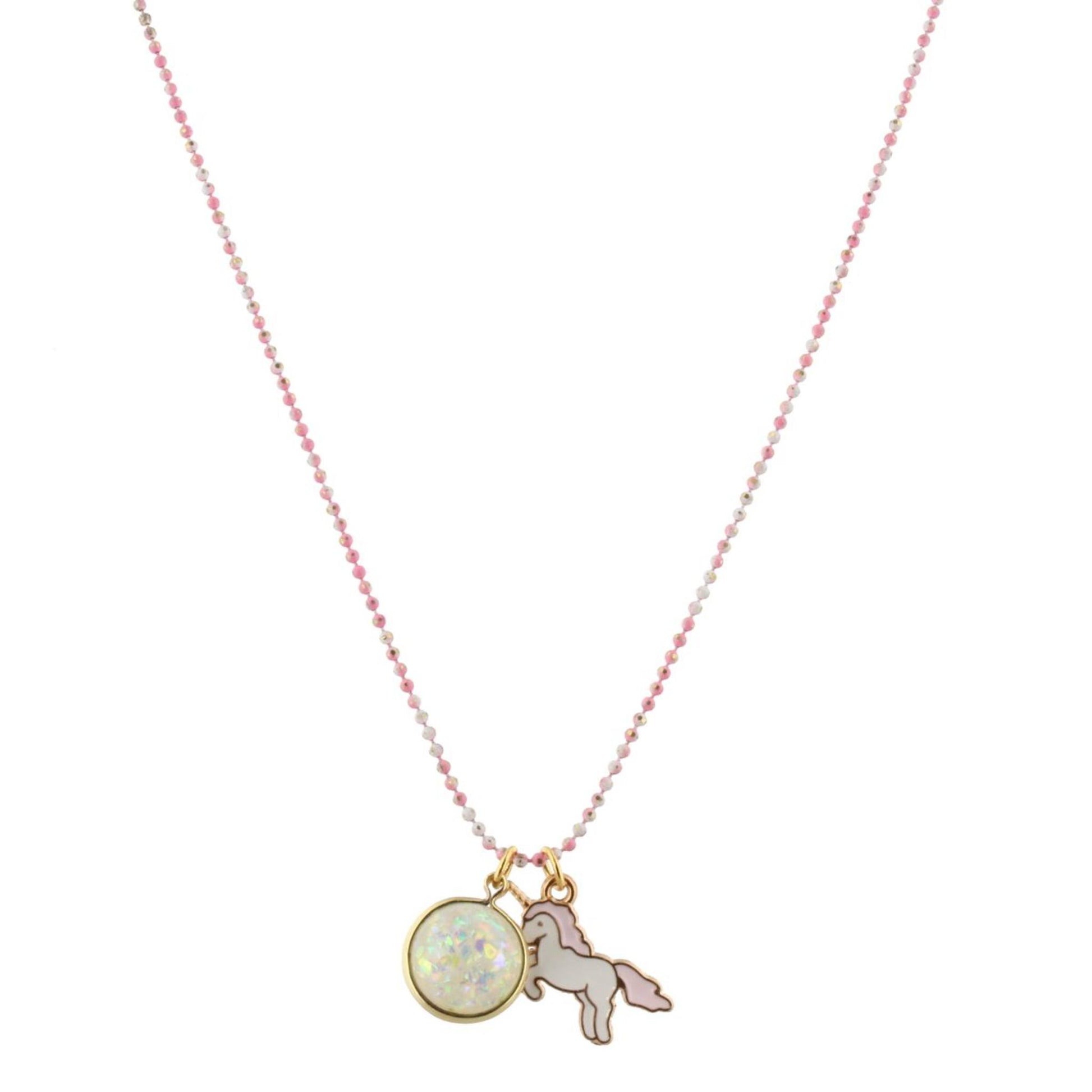16"  Kids Colored Pink/White Chain Necklace with White Glitter Resin & Unicorn Charms, 3" Ext