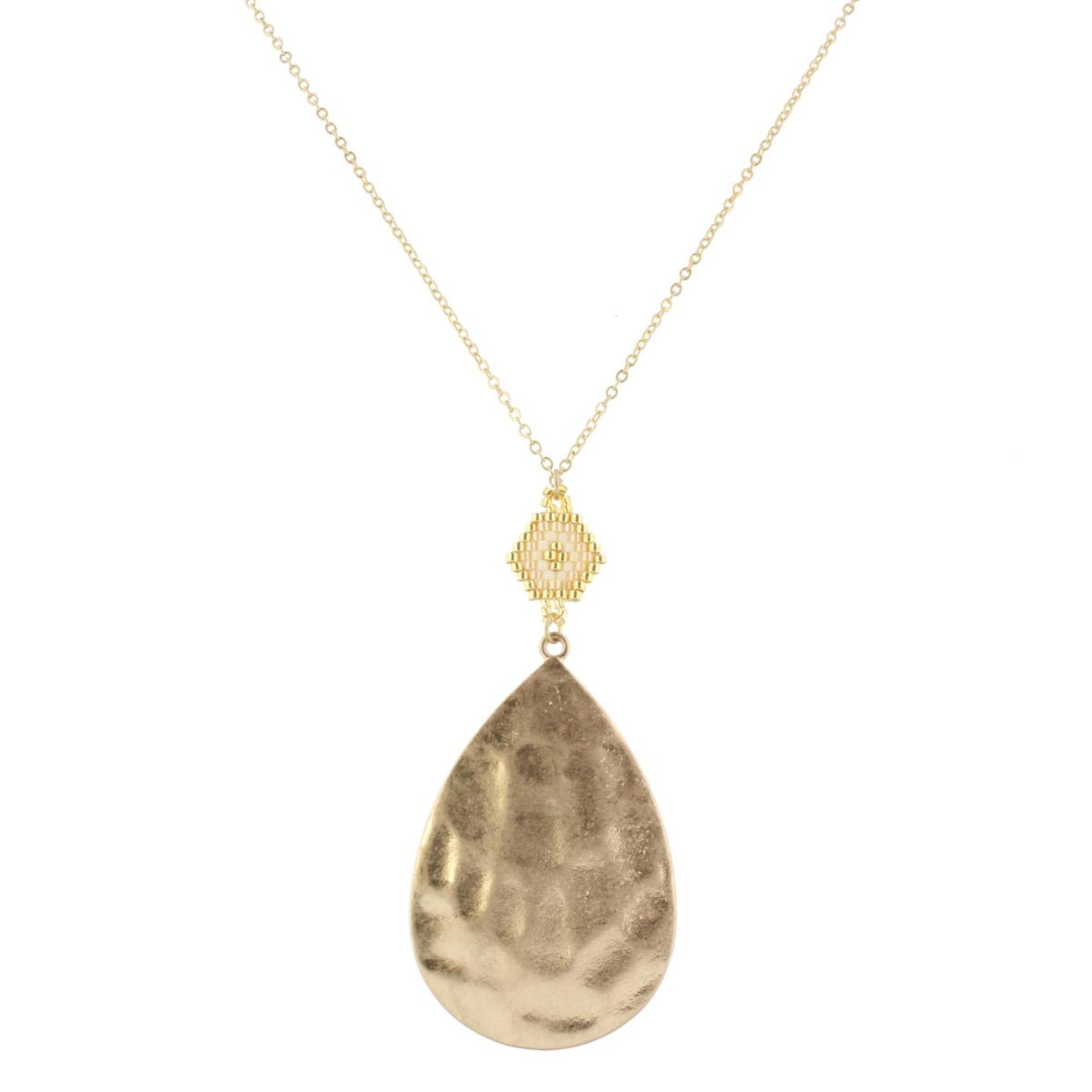 30" Gold Chain Necklace with Gold, Ivory & Champagne Pendant with Gold Teardrop, 3" Ext