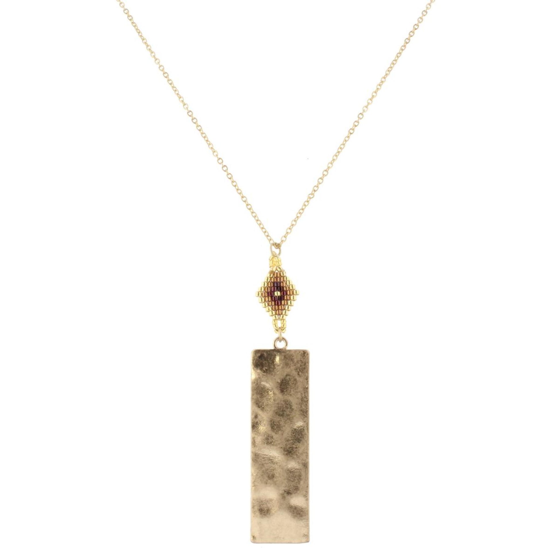 30" Gold Chain Necklace with Purple. Gold, Copper Pendant with Gold Rectangle, 3" Ext