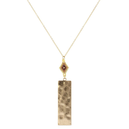30" Gold Chain Necklace with Purple. Gold, Copper Pendant with Gold Rectangle, 3" Ext