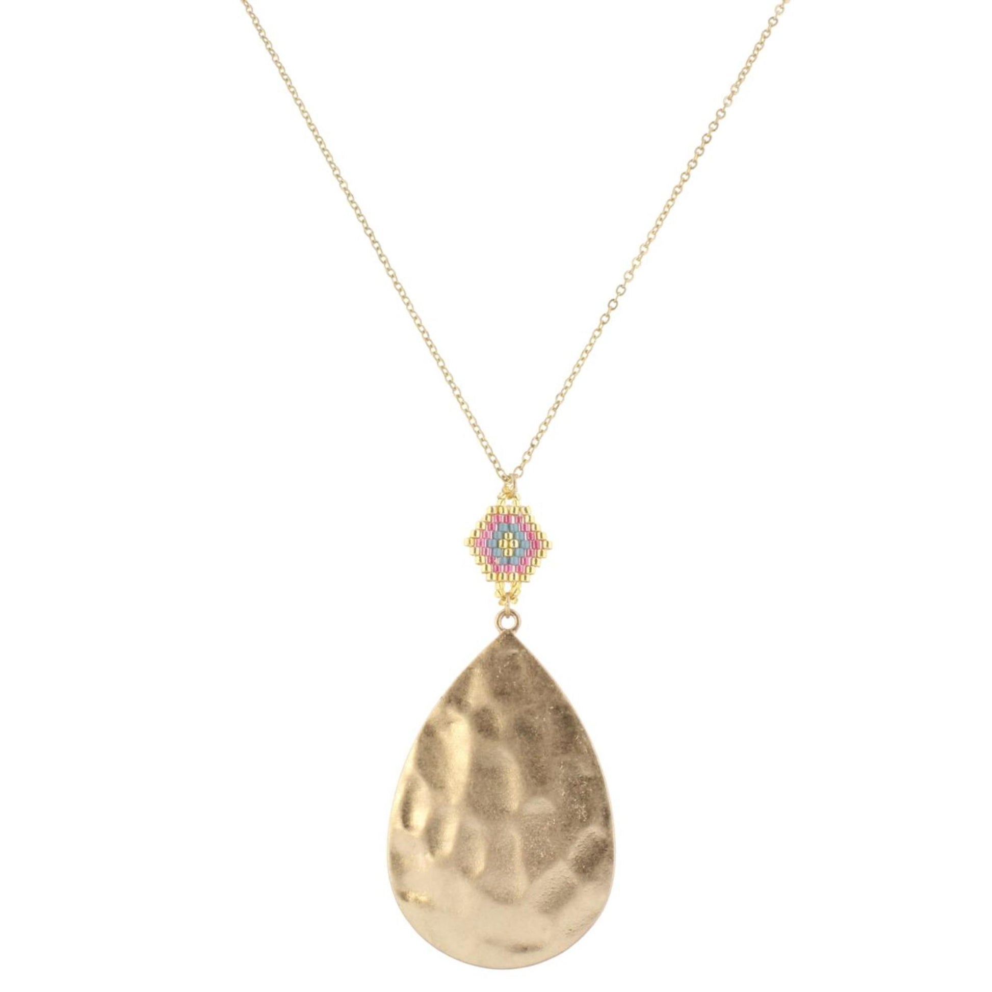 30" Gold Chain Necklace with Gold, Pink & Grey Pendant with Gold Teardrop, 3" Ext