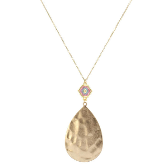 30" Gold Chain Necklace with Gold, Pink & Grey Pendant with Gold Teardrop, 3" Ext