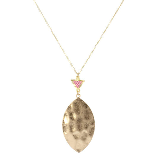 30" Gold Chain Necklace with Gold & Pink Pendant with Gold Pointed Oval, 3" Ext