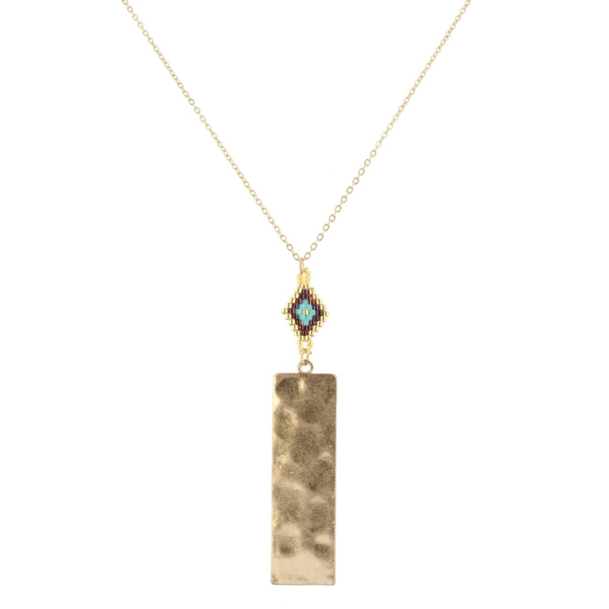 30" Gold Chain Necklace with Gold, Purple, Turquoise Pendant with Gold Rectangle, 3" Ext