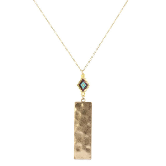 30" Gold Chain Necklace with Gold, Purple, Turquoise Pendant with Gold Rectangle, 3" Ext