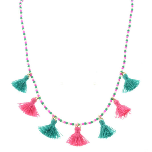 Kids Green, White, Pink Beaded Necklace with Tassels, 3" Ext