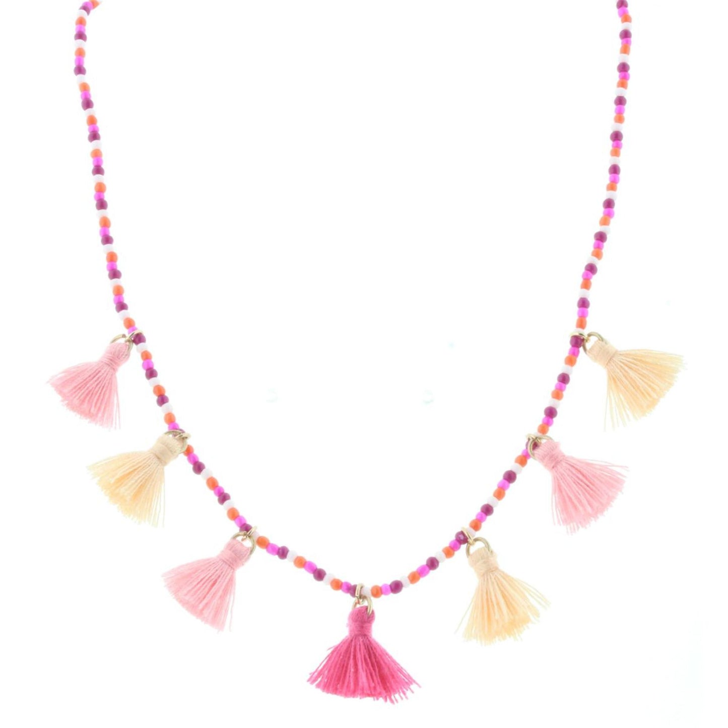 Kids Dark Pink, Pink, White, Orange Beaded Necklace with Tassels, 3' Ext