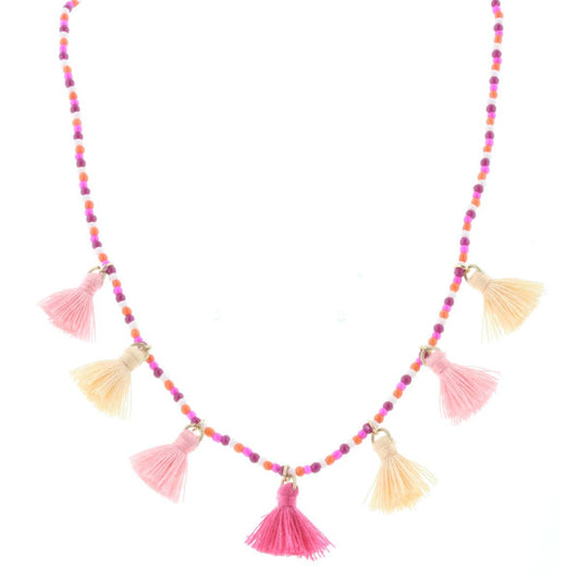 Kids Dark Pink, Pink, White, Orange Beaded Necklace with Tassels, 3' Ext