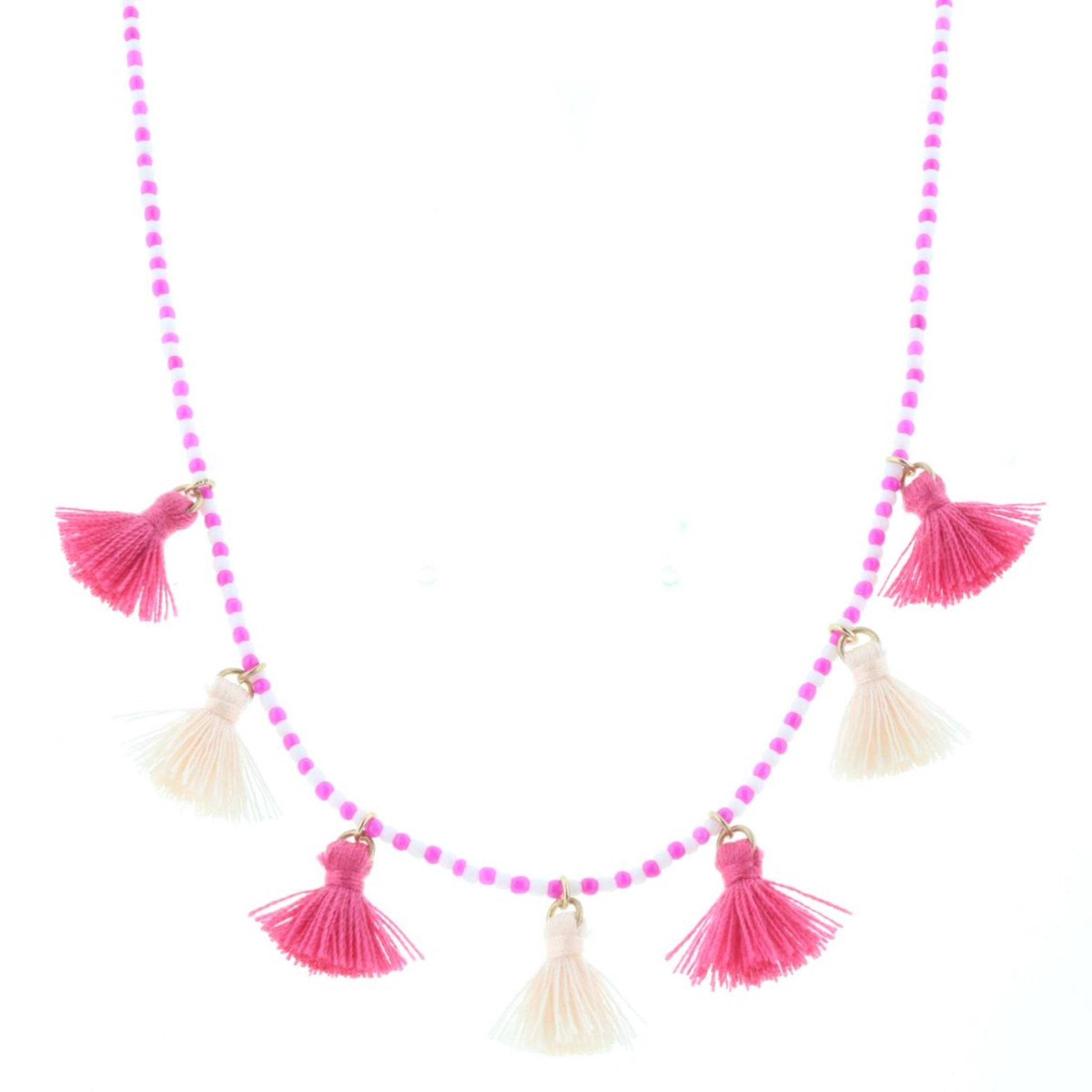 Kids Pink & White Beaded Necklace with Tassels, 3" Ext