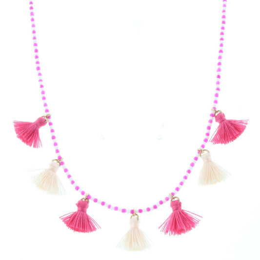 Kids Pink & White Beaded Necklace with Tassels, 3" Ext