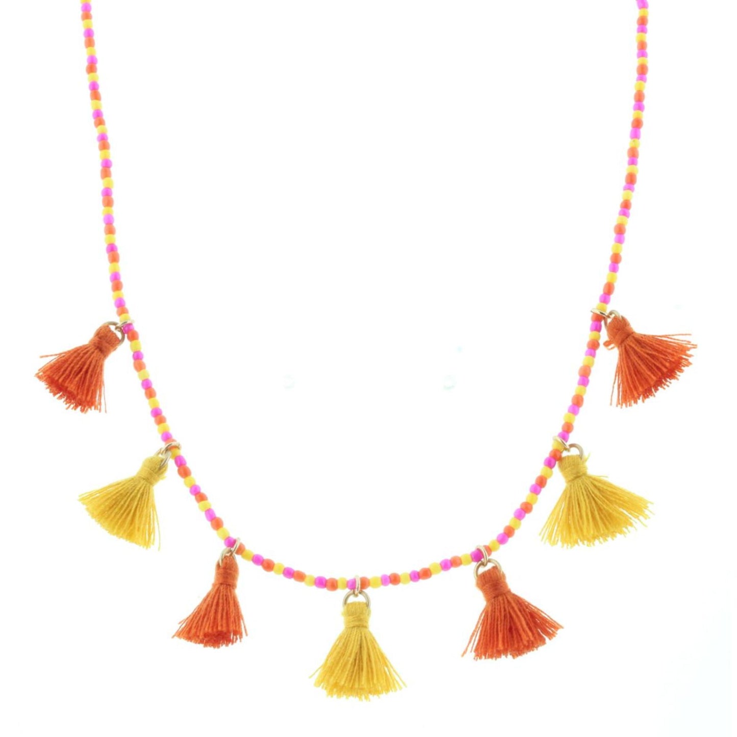 Kids Yellow, Pink, Orange Beaded Necklace with Tassels, 3" Ext