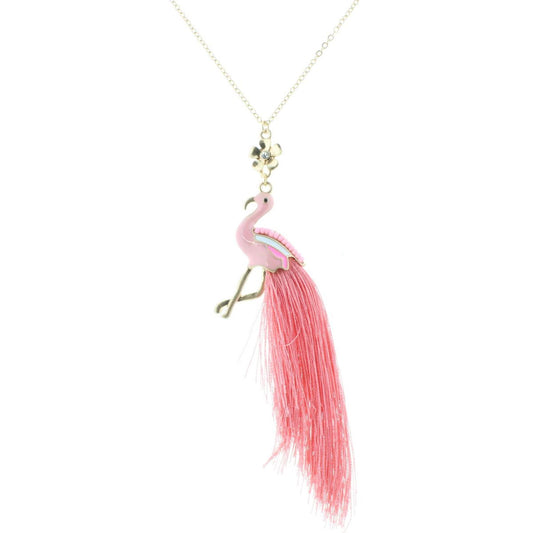 32" Pink Flamingo Necklace with with Tassel Feathers, 3" Ext