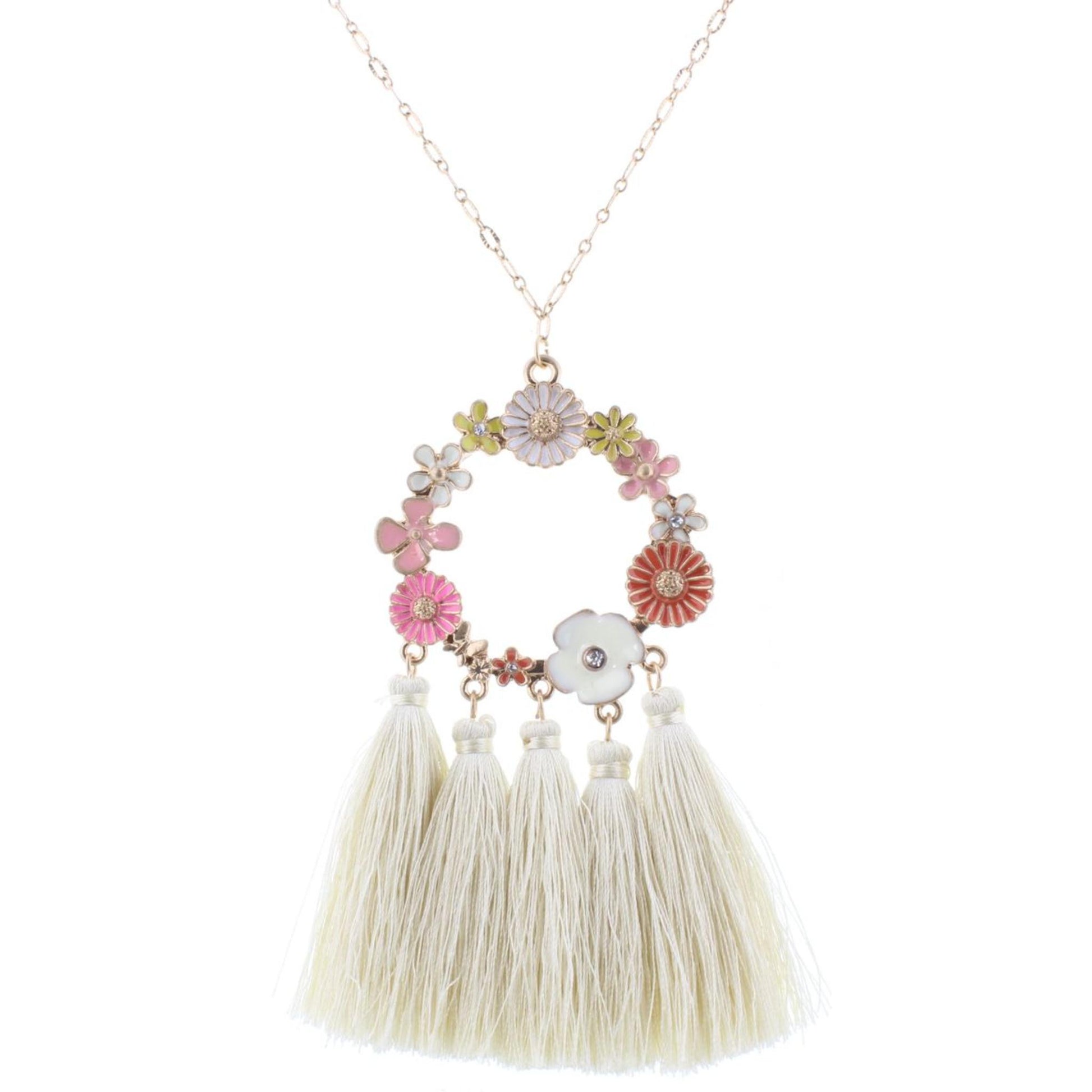 32" Floral Enamel Circle Necklace with Ivory Tassels, 3" Ext