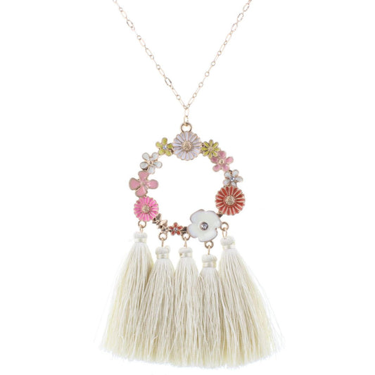 32" Floral Enamel Circle Necklace with Ivory Tassels, 3" Ext