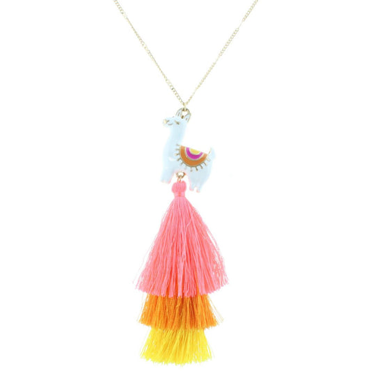 32" Llama Charm Necklace with Pink, Orange, Yellow Stacked Tassel, 3" Ext