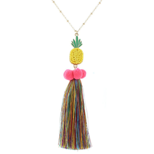 32" Beaded Pineapple Charm Necklace with Multi Tassel, 3" Ext