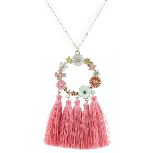 32" Floral Enamel Circle Necklace with Pink Tassels, 3" Ext