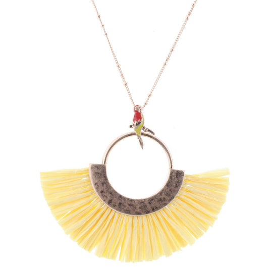32" Parrot Necklace With Yellow Raffia Fan, 3" Ext