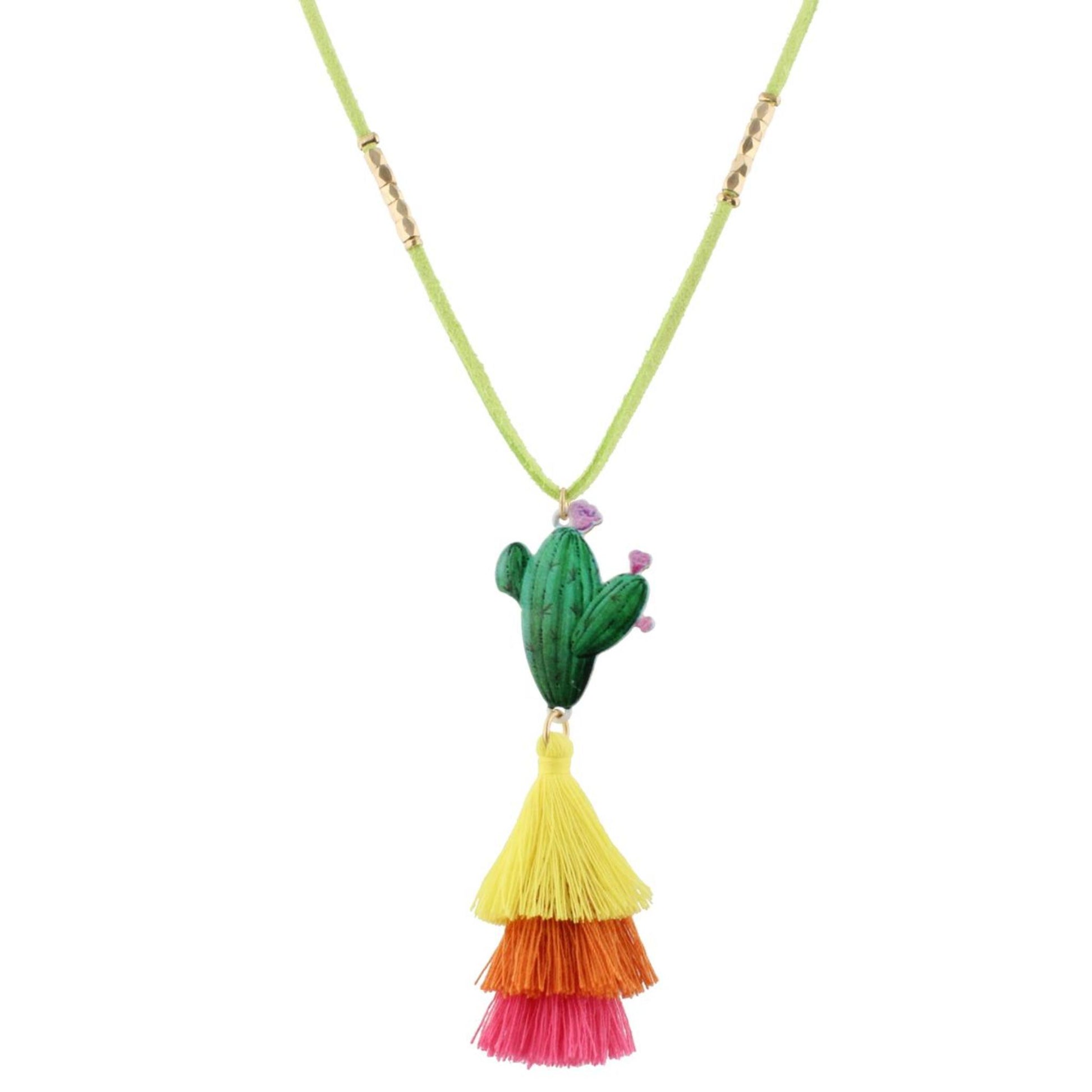 16" Kids Lime Suede Necklace with Cactus Icon & Yellow, Orange, Pink Tassel, 3" Ext
