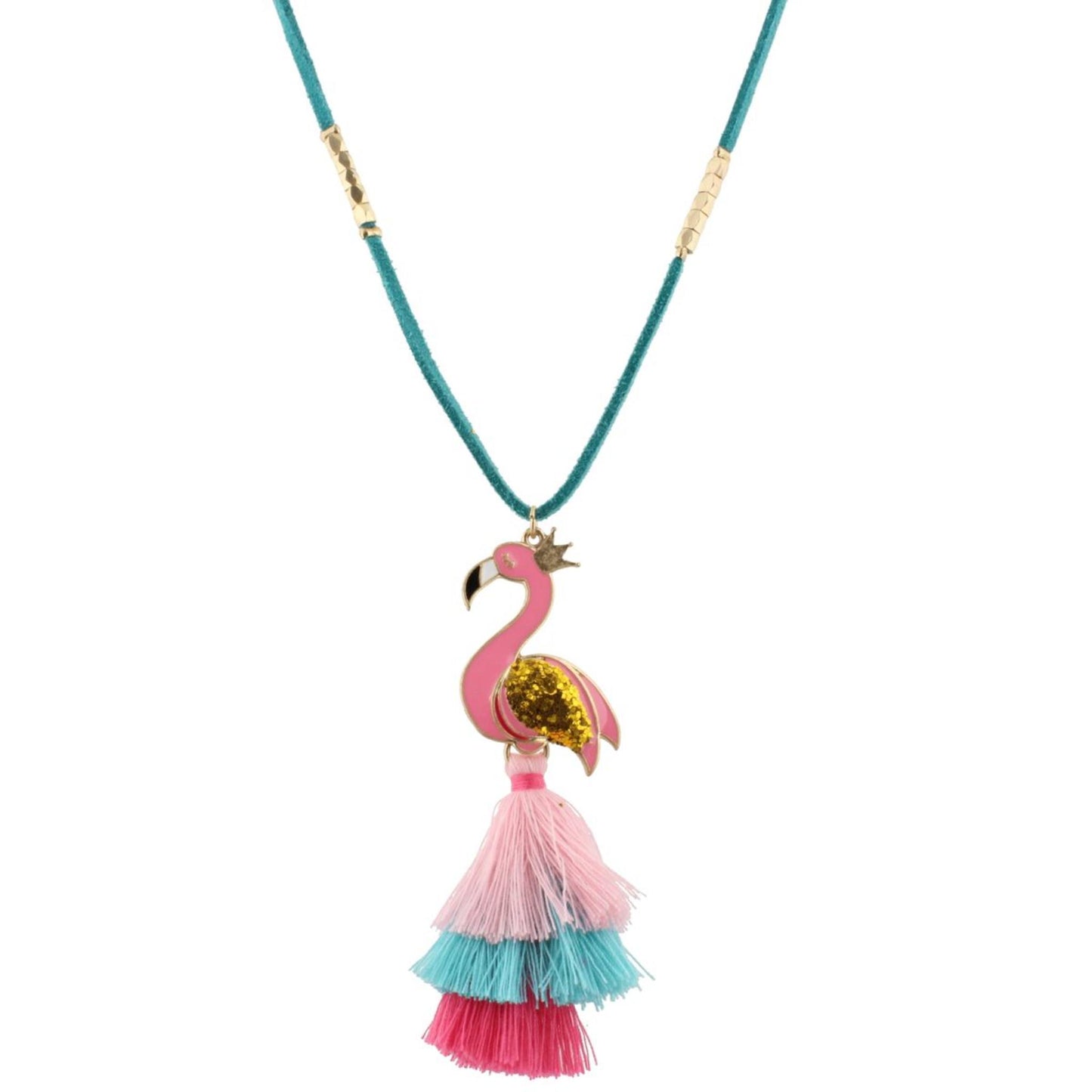 16" Kids Teal Suede Necklace with Flamingo Icon & Light PInk, Blue, Pink Tassel, 3" Ext