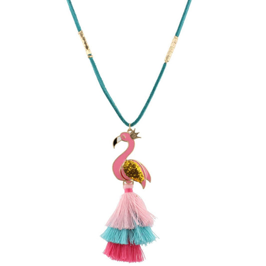 16" Kids Teal Suede Necklace with Flamingo Icon & Light PInk, Blue, Pink Tassel, 3" Ext
