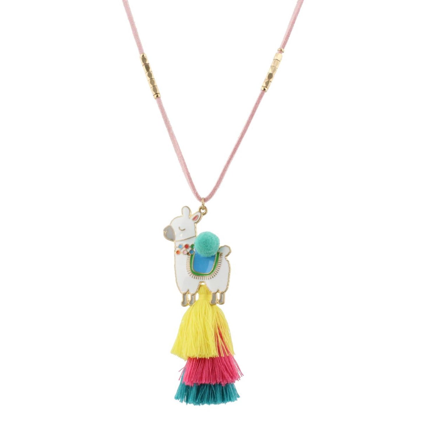 16" Kids Light Pink Suede Necklace with Llama Icon & Yellow, Pink, Blue Tassel, 3" Ext