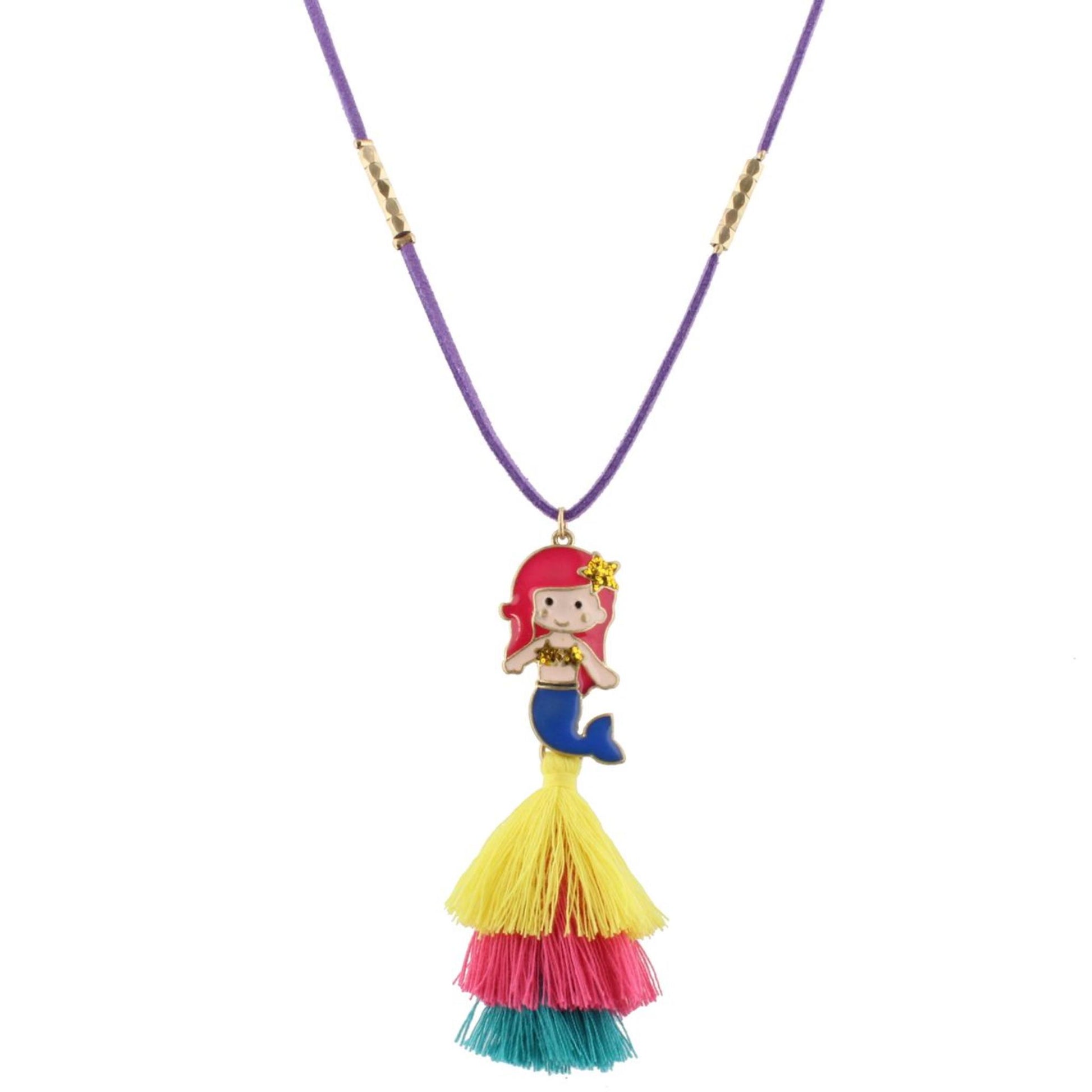 16" Kids Purple Suede Necklace with Mermaid Icon & Yellow, Pink, Blue Tassel, 3" Ext