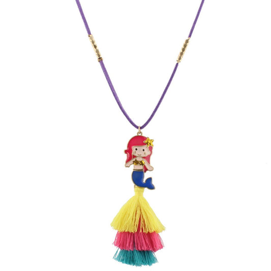 16" Kids Purple Suede Necklace with Mermaid Icon & Yellow, Pink, Blue Tassel, 3" Ext