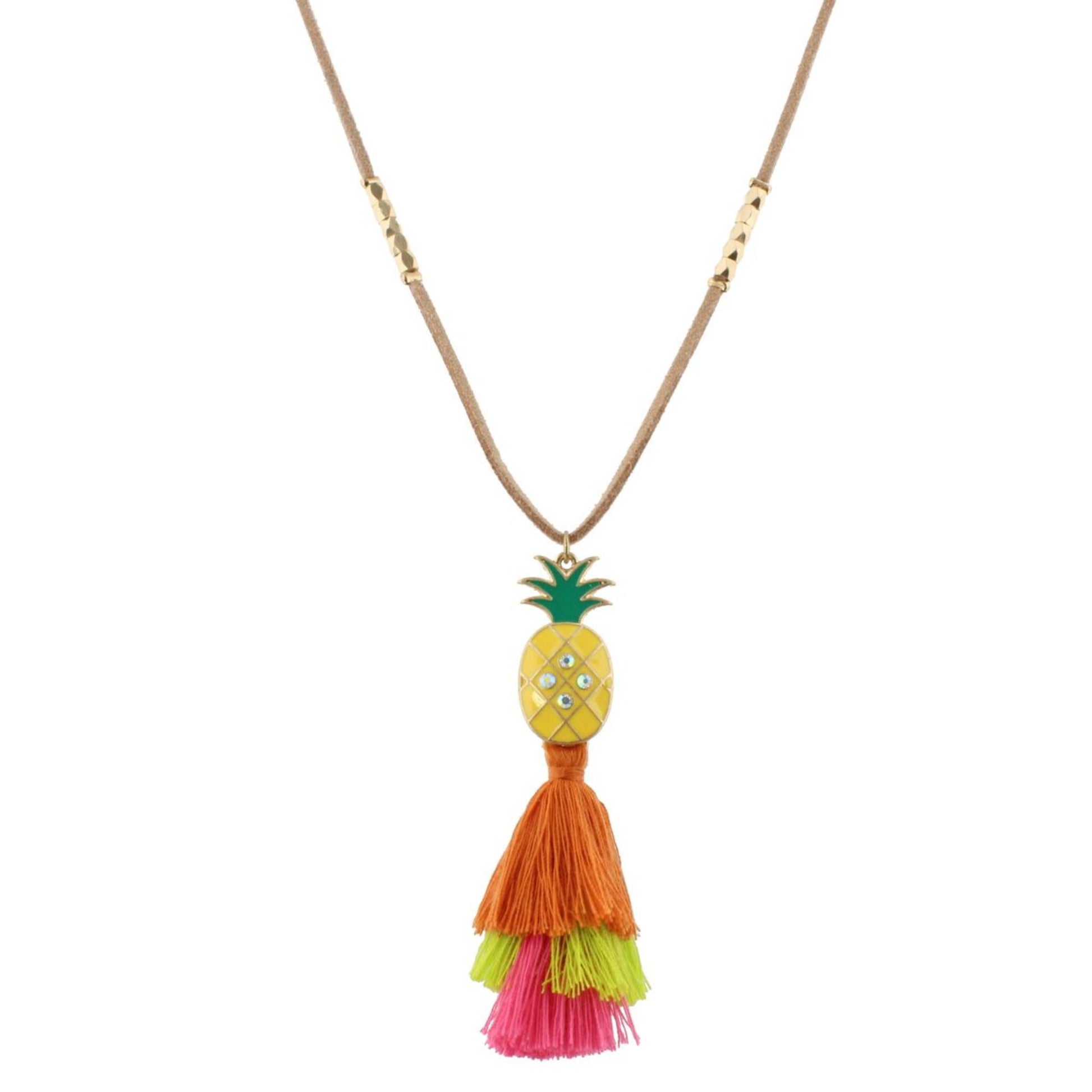 16" Kids Tan Suede Necklace with Pineapple Icon & Orange, Lime, Pink Tassel, 3" Ext
