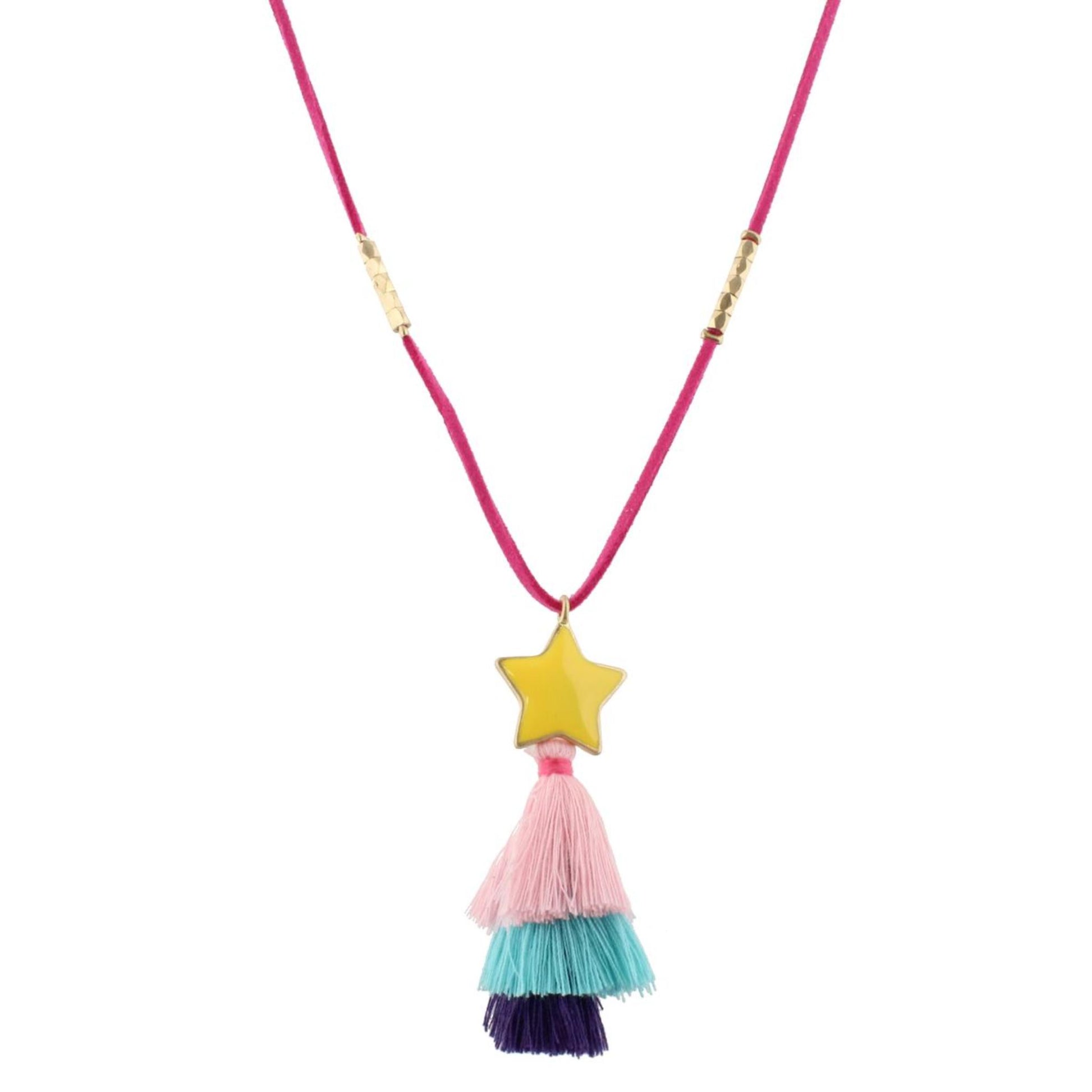 16" Kids Hot Pink Suede Necklace with Star Icon & Pink, Blue, Purple Tassel, 3" Ext