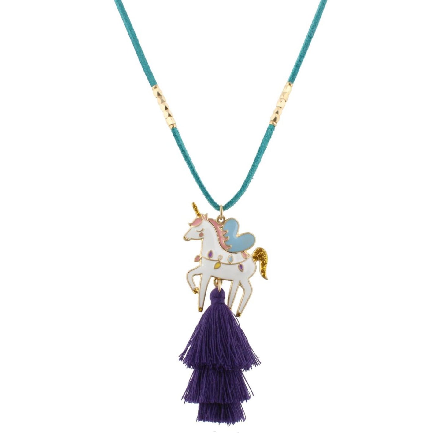 16" Kids Teal Suede Necklace with Unicorn Icon & Purple Tassel, 3" Ext