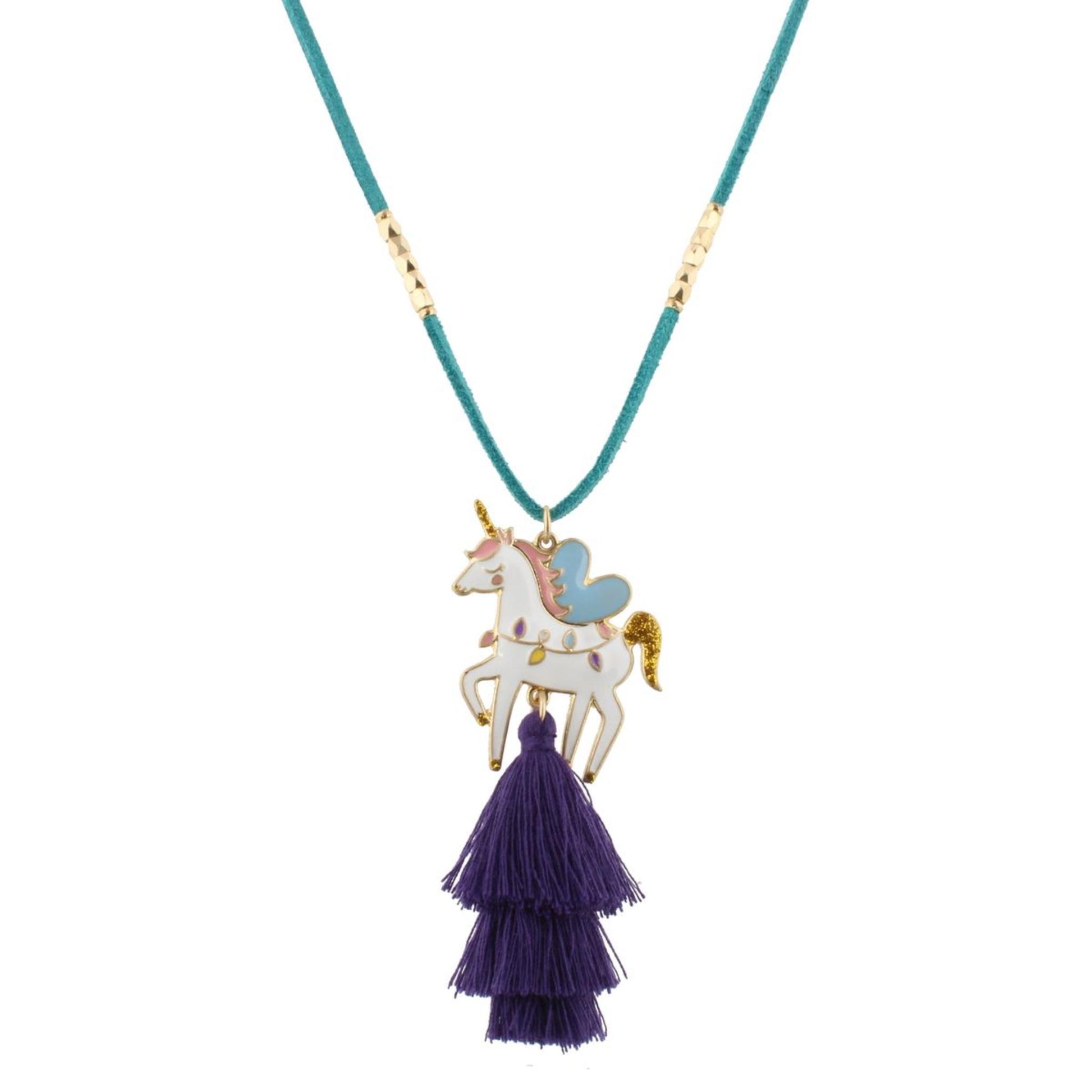 16" Kids Teal Suede Necklace with Unicorn Icon & Purple Tassel, 3" Ext
