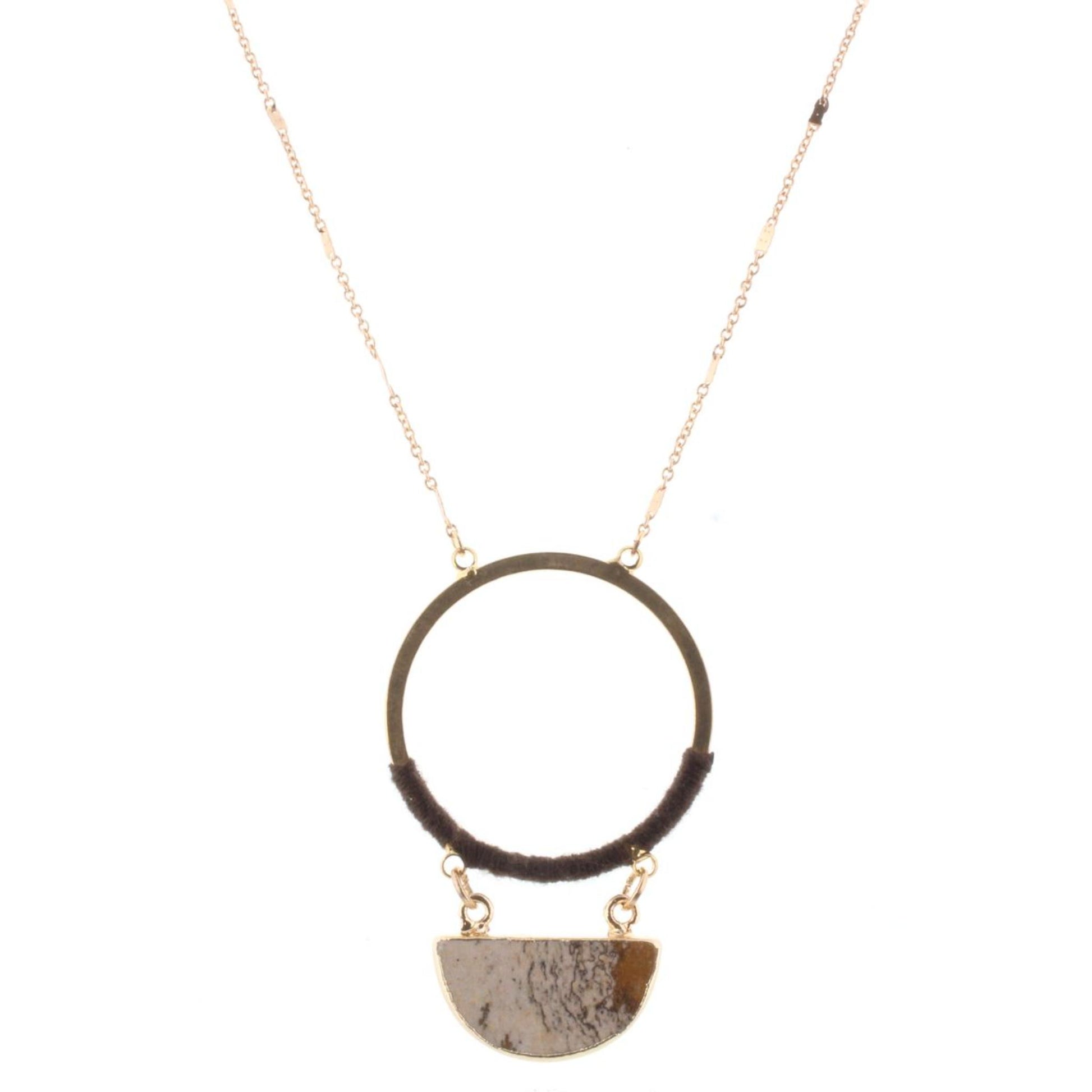 32" Gold Chain Necklace with Brown Wrapped Circle with Picute Jasper Stone Half Circle, 3" Ext