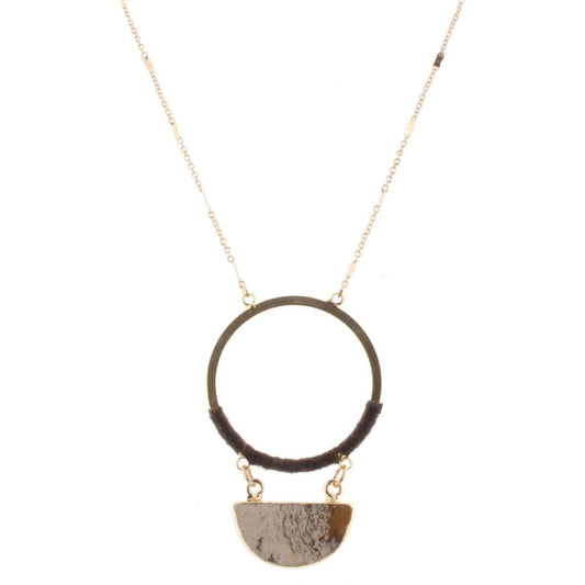 32" Gold Chain Necklace with Brown Wrapped Circle with Picute Jasper Stone Half Circle, 3" Ext