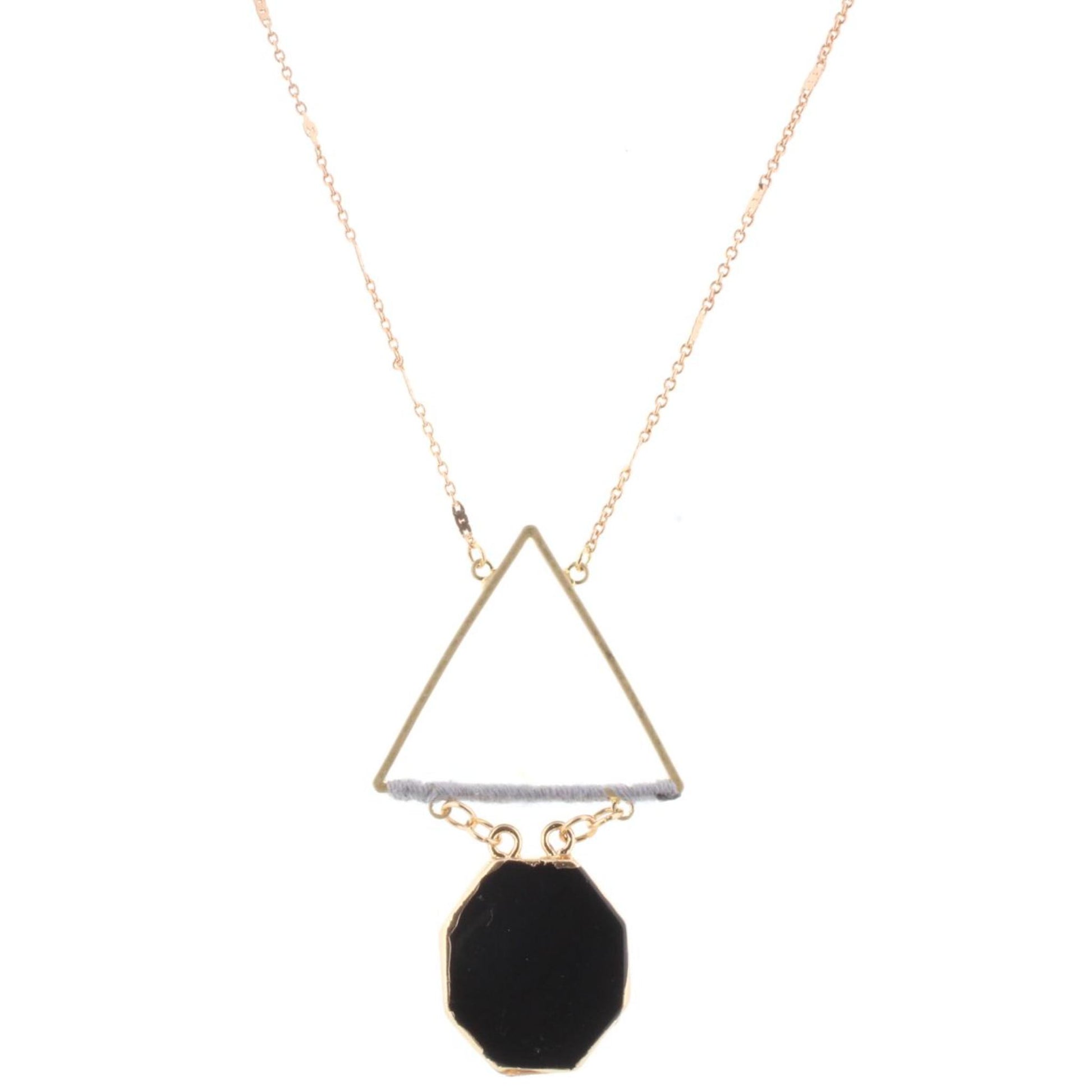 32" Gold Chain Necklace with Grey Wrapped Triangle with Jet Stone Hexagon, 3" Ext
